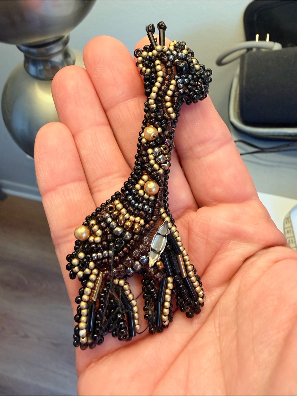 Beaded Giraffe broach  - Black and Gold